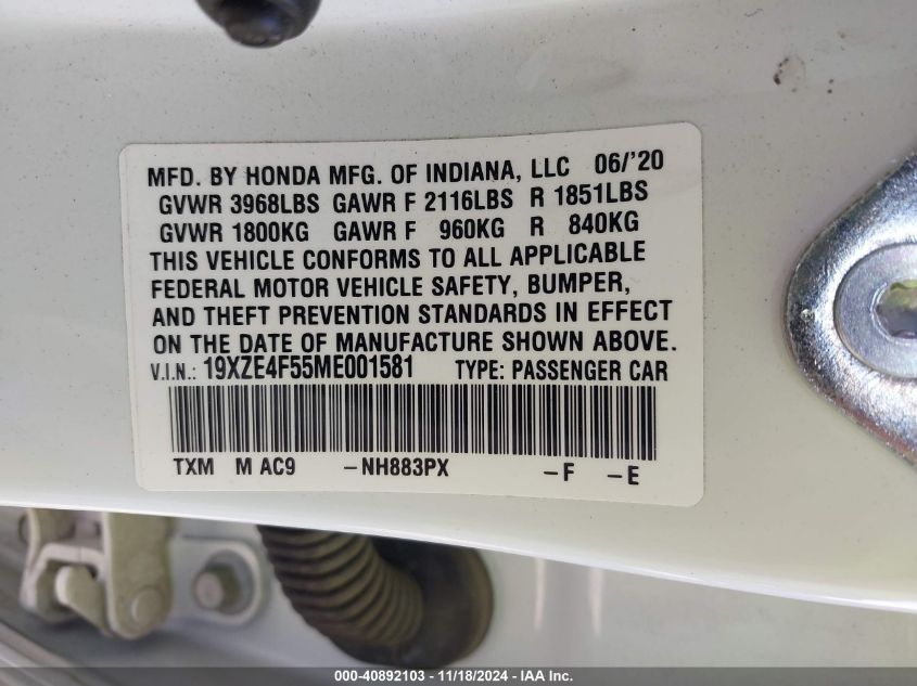 VIN 19XZE4F55ME001581 2021 Honda Insight, EX no.9