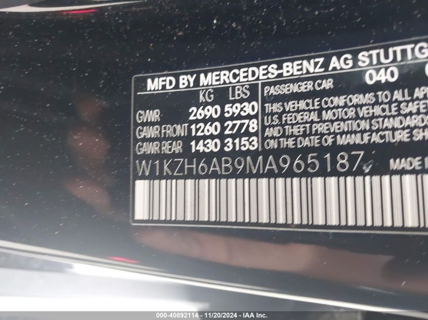 2021 MERCEDES-BENZ E VIN: W1KZH6AB9MA965187