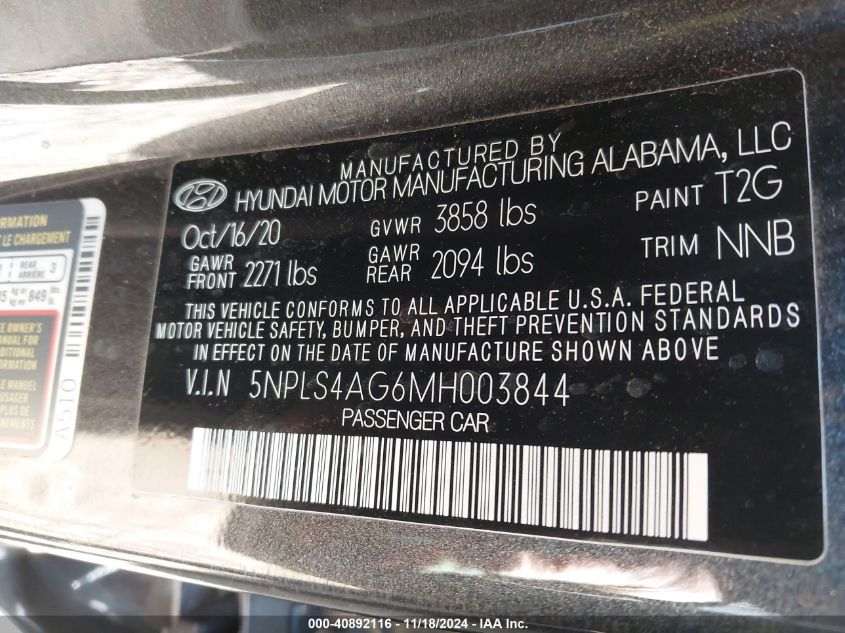 VIN 5NPLS4AG6MH003844 2021 Hyundai Elantra, Sel no.9