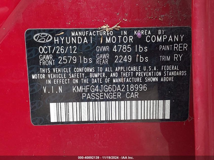 2013 Hyundai Azera VIN: KMHFG4JG6DA218996 Lot: 40892139