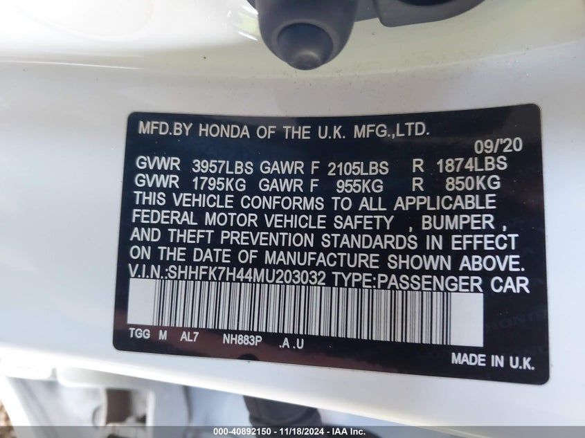2021 HONDA CIVIC 1.5L I-4 DI, DOHC, V(VIN: SHHFK7H44MU203032