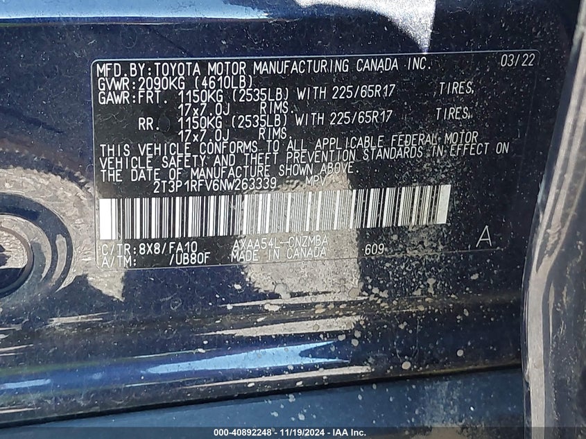 2022 TOYOTA RAV4 XLE/XLE PREMIUM - 2T3P1RFV6NW263339