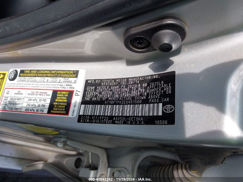 VIN 4T1BF1FK2EU451500 2014 Toyota Camry, SE no.9