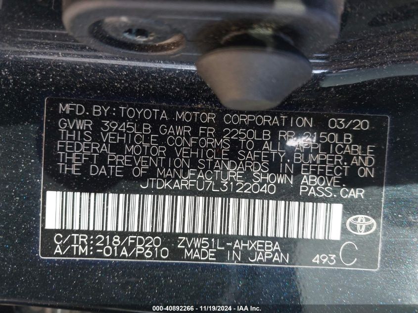 2020 Toyota Prius Le VIN: JTDKARFU7L3122040 Lot: 40892266