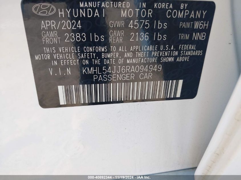 2024 Hyundai Sonata Hybrid Limited VIN: KMHL54JJ6RA094949 Lot: 40892344