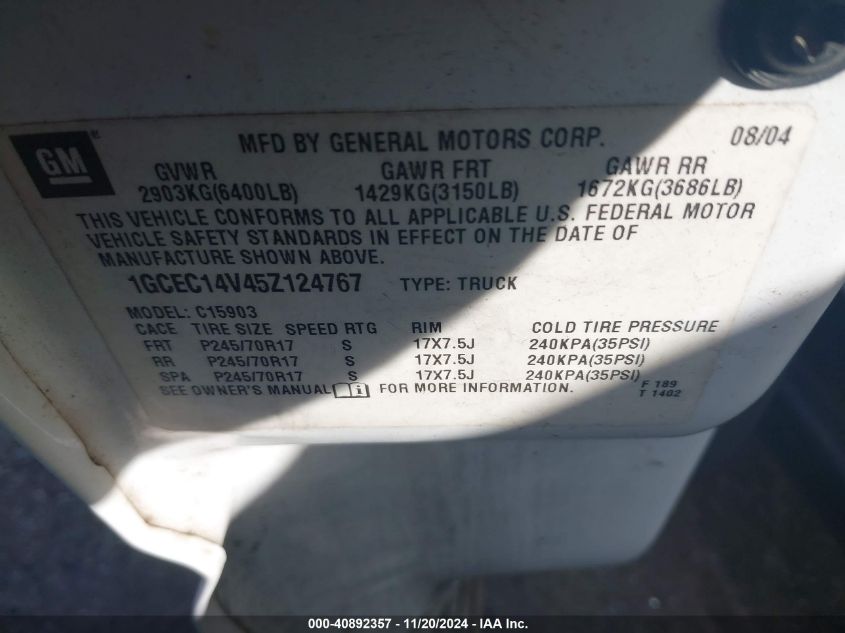 2005 Chevrolet Silverado 1500 Work Truck VIN: 1GCEC14V45Z12476 Lot: 40892357