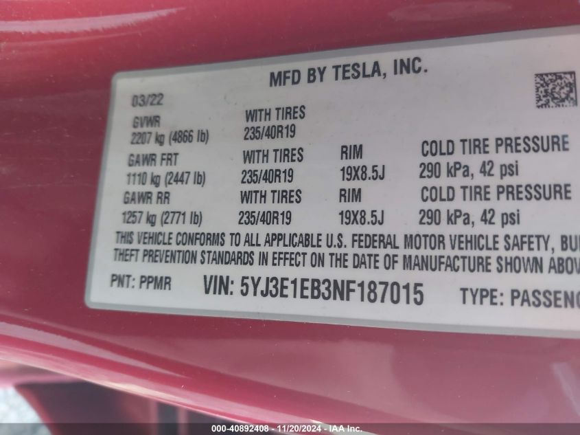 2022 Tesla Model 3 Long Range Dual Motor All-Wheel Drive VIN: 5YJ3E1EB3NF187015 Lot: 40892408