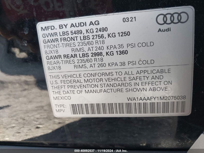 VIN WA1AAAFY1M2075038 2021 Audi Q5, Premium 45 Tfsi... no.9