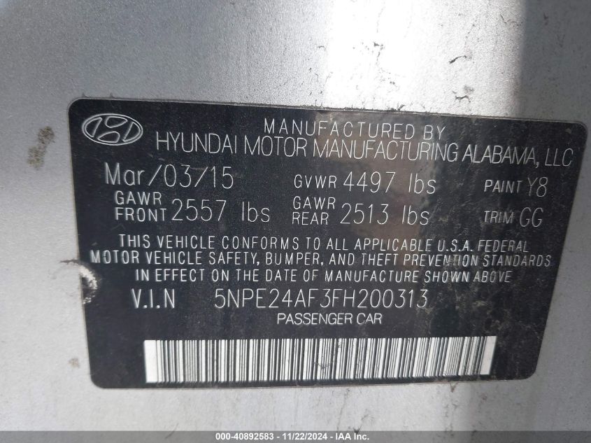 2015 Hyundai Sonata Se VIN: 5NPE24AF3FH200313 Lot: 40892583