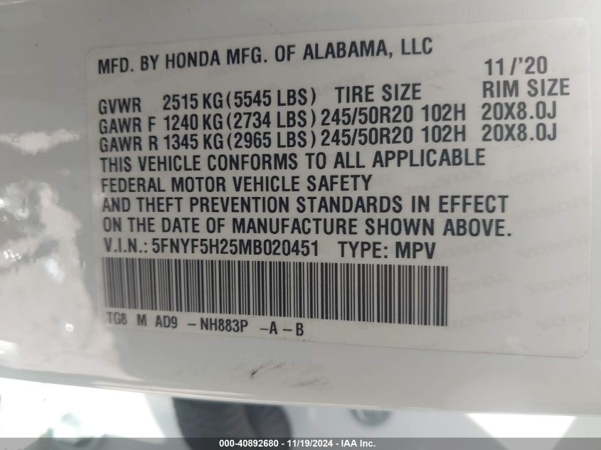 2021 Honda Pilot 2Wd Special Edition VIN: 5FNYF5H25MB020451 Lot: 40892680