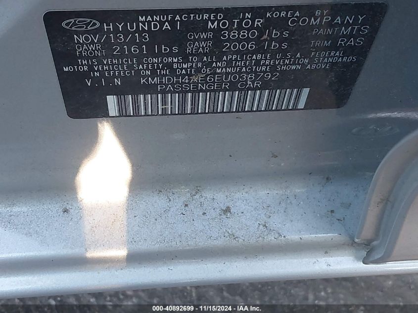 2014 Hyundai Elantra Limited VIN: KMHDH4AE6EU038792 Lot: 40892699