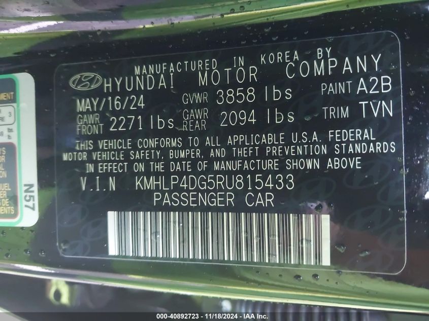 2024 Hyundai Elantra Limited VIN: KMHLP4DG5RU815433 Lot: 40892723