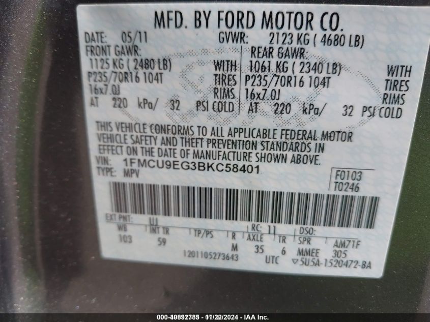 2011 Ford Escape Limited VIN: 1FMCU9EG3BKC58401 Lot: 40892785