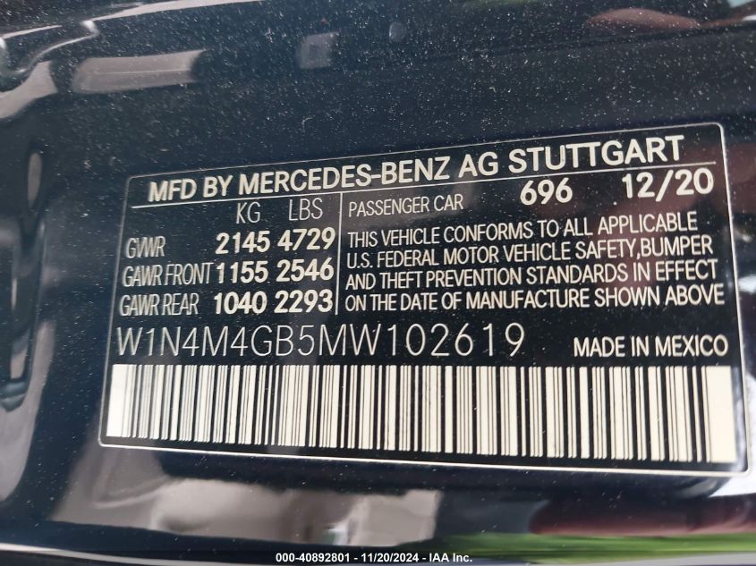 2021 Mercedes-Benz Glb 250 VIN: W1N4M4GB5MW102619 Lot: 40892801