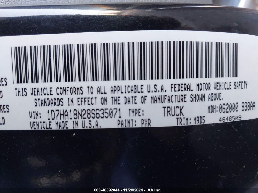 2008 Dodge Ram 1500 Slt VIN: 1D7HA18N28S635071 Lot: 40892844