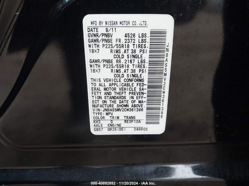 2012 Nissan Rogue S/Sv/Sv W/Sl Pkg VIN: JN8AS5MV2CW36A396 Lot: 40892852