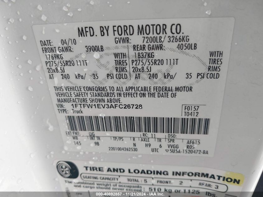 2010 Ford F-150 Fx4/Harley-Davidson/King Ranch/Lariat/Platinum/Xl/Xlt VIN: 1FTFW1EV3AFC26728 Lot: 40892857