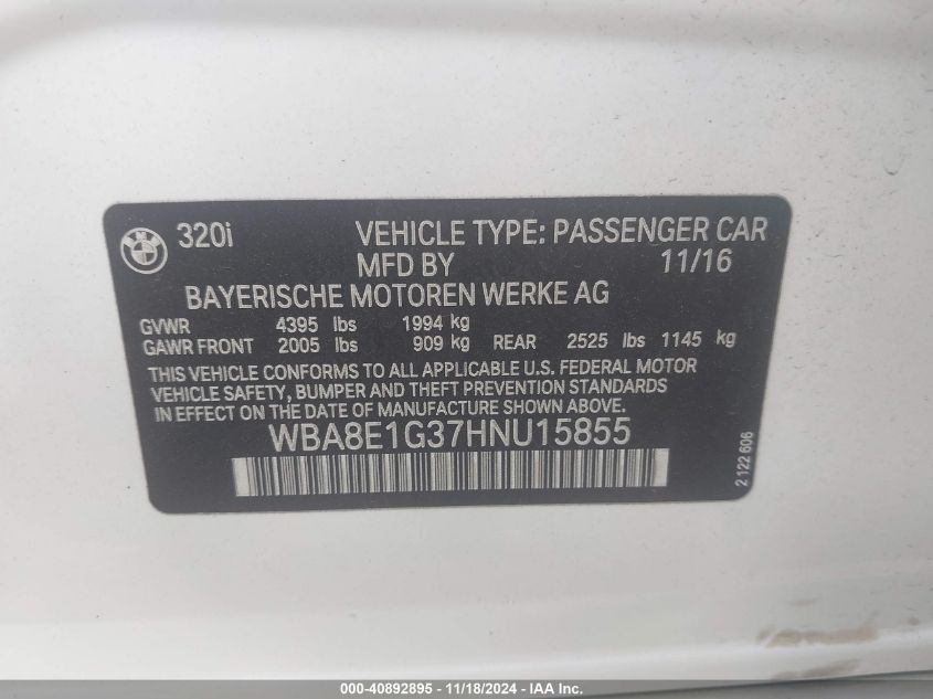 2017 BMW 320I VIN: WBA8E1G37HNU15855