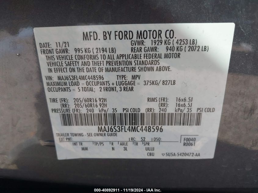 2021 Ford Ecosport S VIN: MAJ6S3FL4MC448596 Lot: 40892911