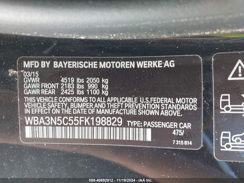 2015 BMW 428I xDrive VIN: WBA3N5C55FK198829 Lot: 40892912