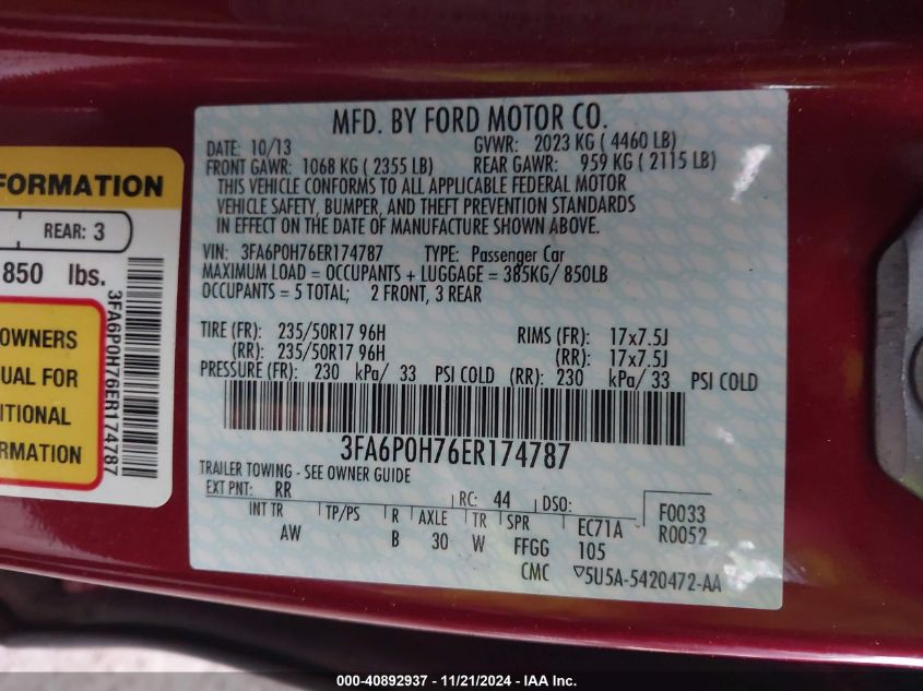 2014 Ford Fusion Se VIN: 3FA6P0H76ER174787 Lot: 40892937