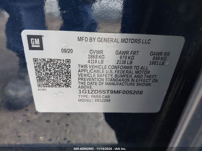 2021 CHEVROLET MALIBU VIN: 1G1ZD5ST9MF005208