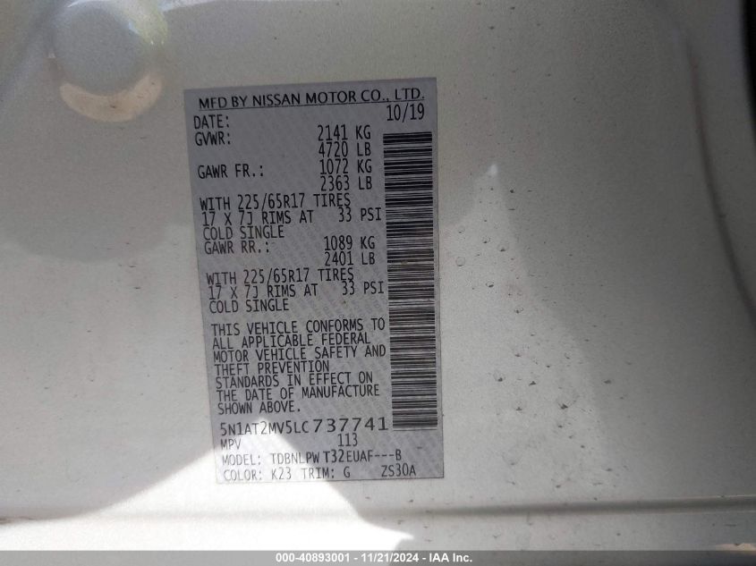 VIN 5N1AT2MV5LC737741 2020 NISSAN ROGUE S INTELLIGENT AWD