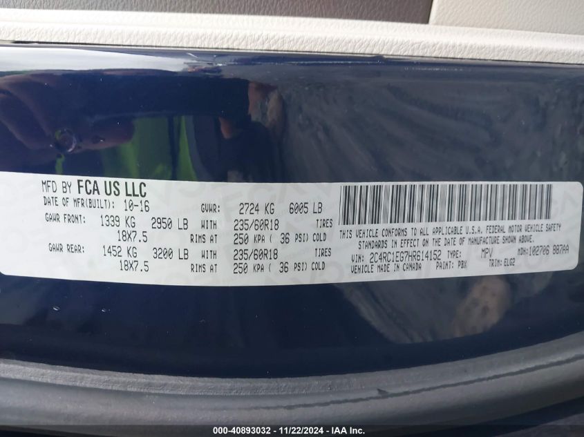 2017 CHRYSLER PACIFICA TOURING L PLUS - 2C4RC1EG7HR614152