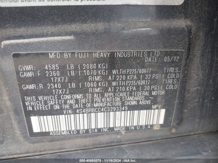 2012 Subaru Outback 2.5I Premium VIN: 4S4BRBCC4C3293349 Lot: 43415606