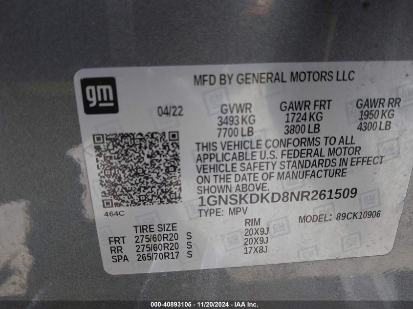 2022 Chevrolet Suburban 4Wd Z71 VIN: 1GNSKDKD8NR261509 Lot: 40893105