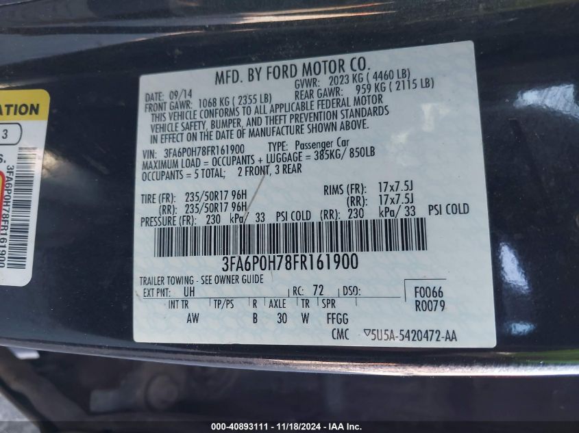 2015 Ford Fusion Se VIN: 3FA6P0H78FR161900 Lot: 40893111