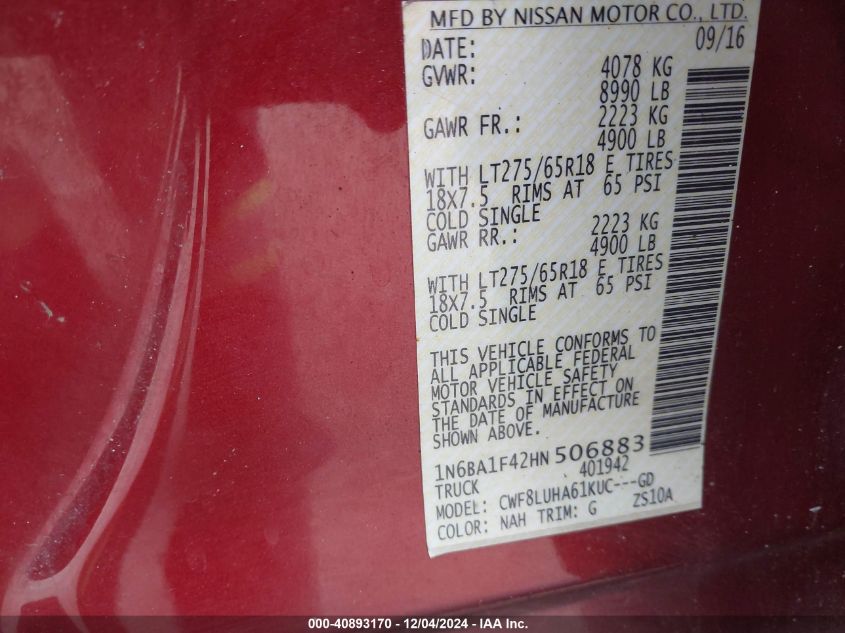 VIN 1N6BA1F42HN506883 2017 Nissan Titan, XD Pro-4X... no.9