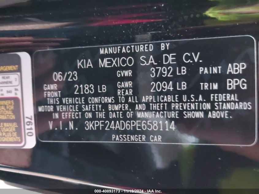 2023 Kia Forte Lxs VIN: 3KPF24AD6PE658114 Lot: 40893173