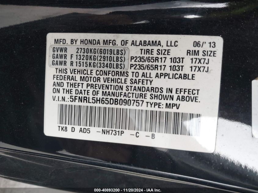 VIN 5FNRL5H65DB090757 2013 Honda Odyssey, Ex-L no.9