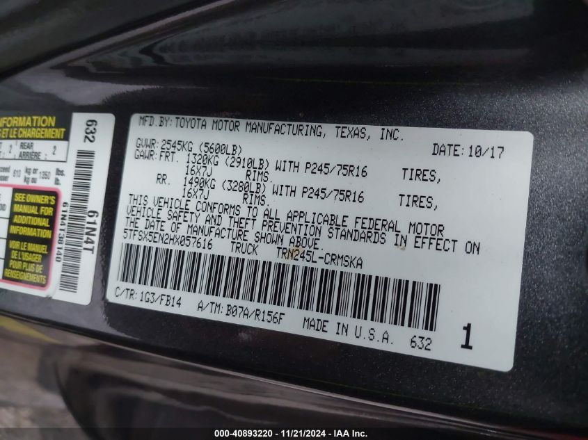 2017 TOYOTA TACOMA SR - 5TFSX5EN2HX057616