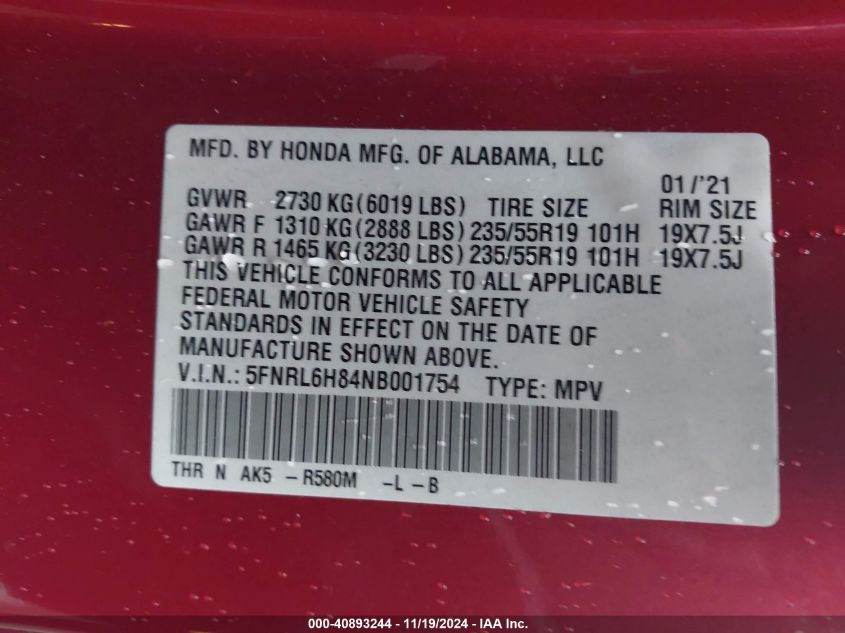 VIN 5FNRL6H84NB001754 2022 HONDA ODYSSEY TOURING