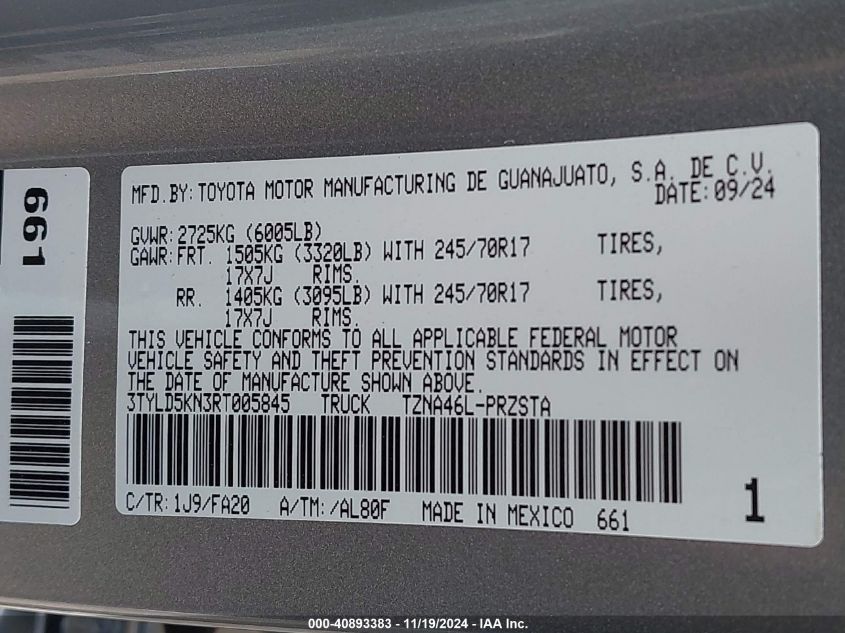 2024 Toyota Tacoma Sr VIN: 3TYLD5KN3RT005845 Lot: 40893383