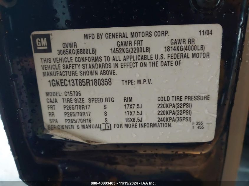 2005 GMC Yukon Slt VIN: 1GKEC13T85R180358 Lot: 40893403