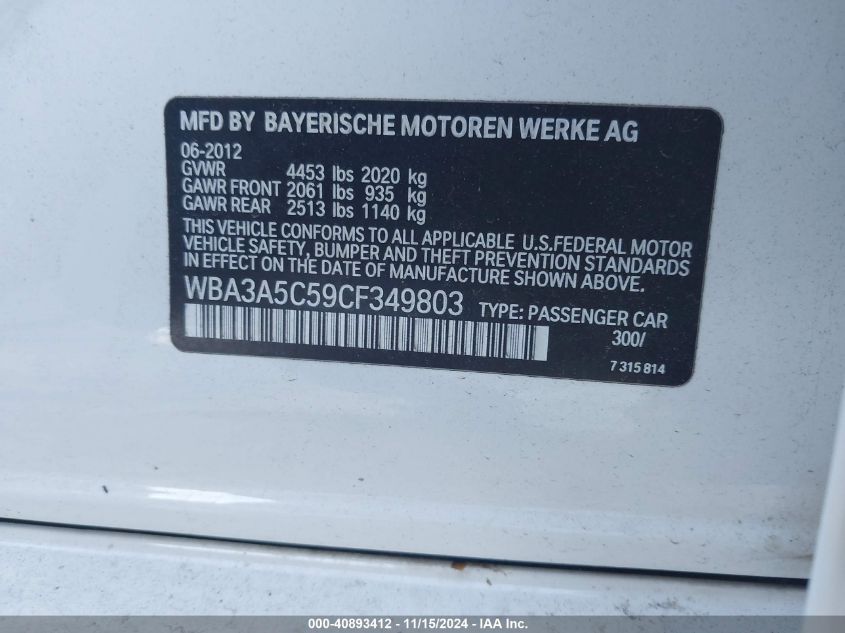 2012 BMW 328I VIN: WBA3A5C59CF349803 Lot: 40893412