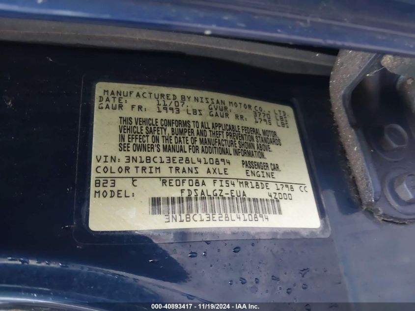 2008 Nissan Versa 1.8Sl VIN: 3N1BC13E28L410894 Lot: 40893417