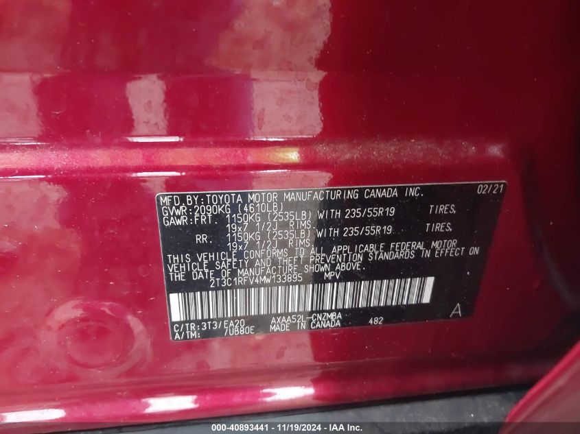 2021 TOYOTA RAV4 XLE PREMIUM VIN: 2T3C1RFV4MW133895