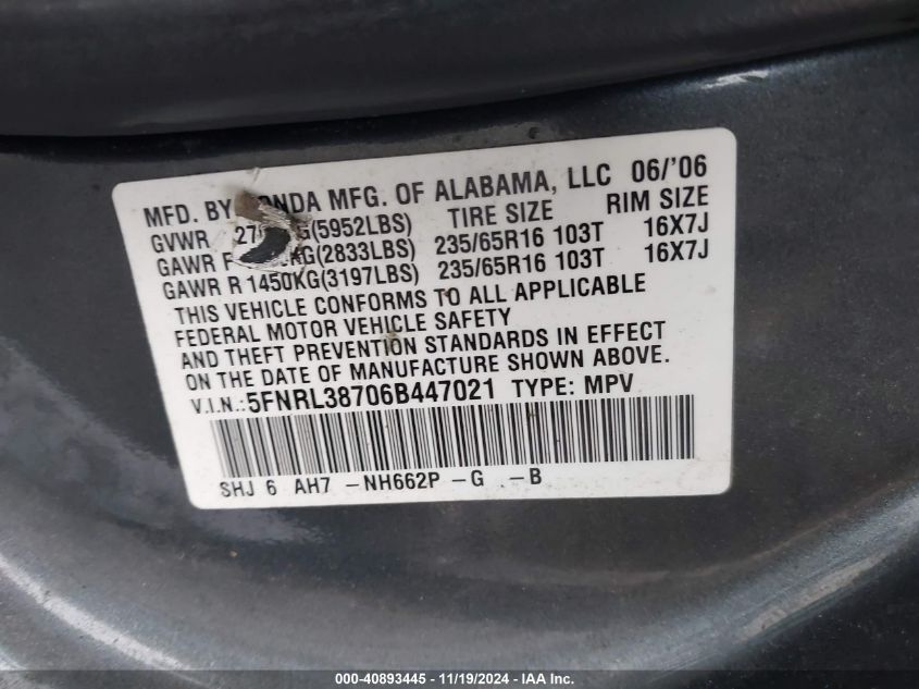 2006 Honda Odyssey Ex-L VIN: 5FNRL38706B447021 Lot: 40893445