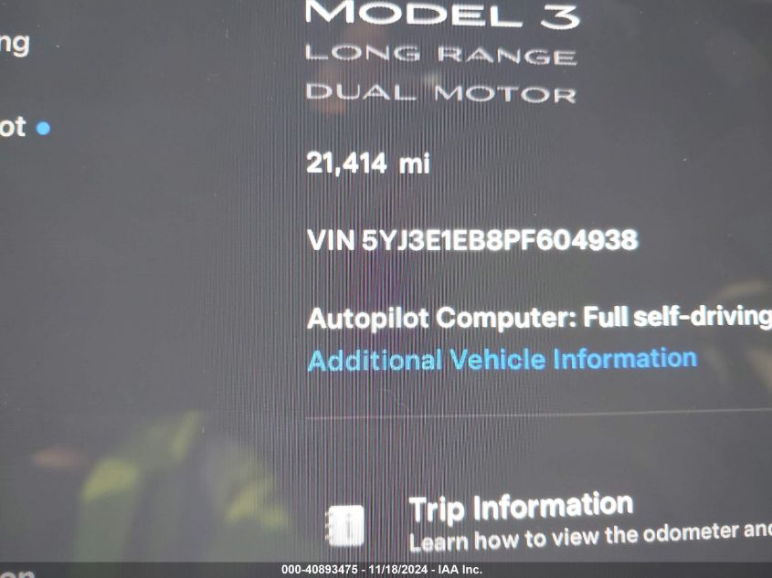 2023 Tesla Model 3 Long Range Dual Motor All-Wheel Drive VIN: 5YJ3E1EB8PF604938 Lot: 40893475