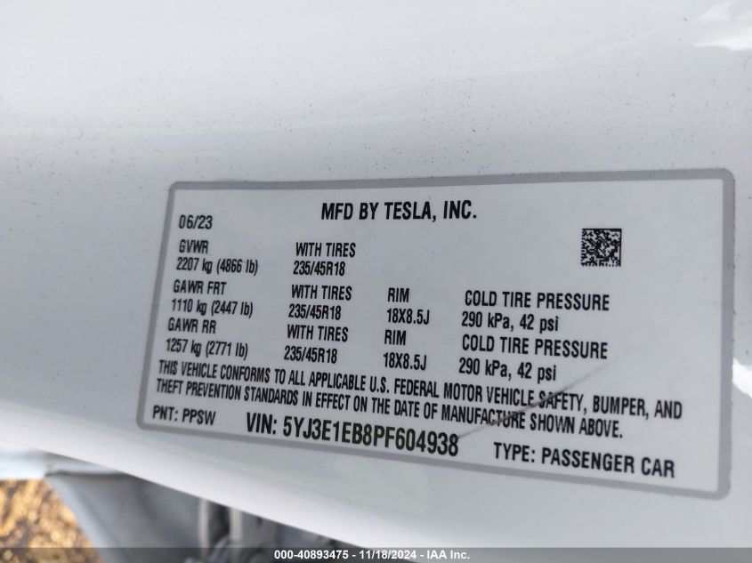 2023 Tesla Model 3 Long Range Dual Motor All-Wheel Drive VIN: 5YJ3E1EB8PF604938 Lot: 40893475