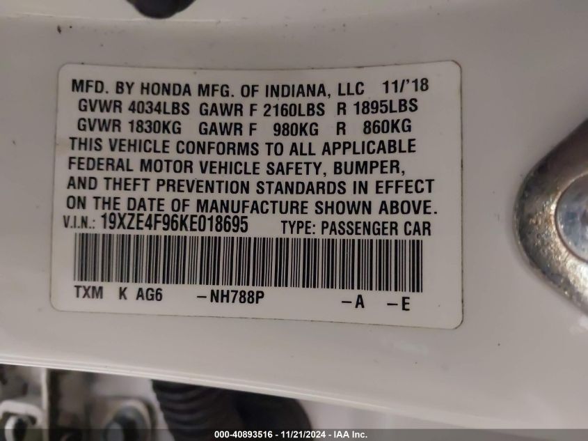 2019 Honda Insight Touring VIN: 19XZE4F96KE018695 Lot: 40893516