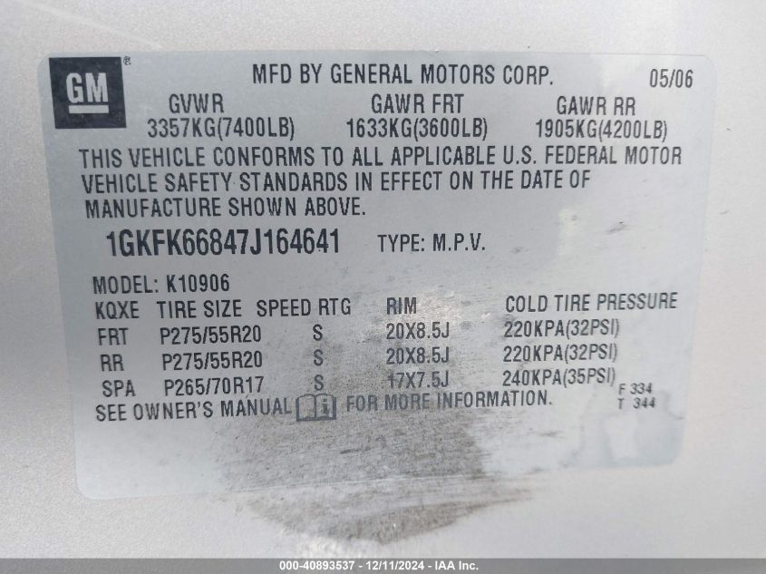 2007 GMC Yukon Xl Denali VIN: 1GKFK66847J16464 Lot: 40893537