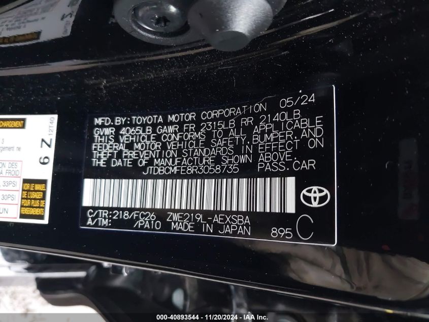 2024 Toyota Corolla Hybrid Nightshade Edition VIN: JTDBCMFE8R3058735 Lot: 40893544