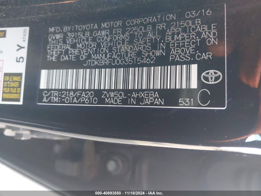 VIN JTDKBRFU0G3515462 2016 Toyota Prius, Two no.9