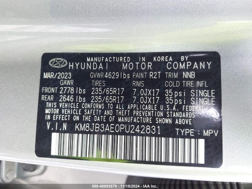 2023 Hyundai Tucson Sel VIN: KM8JB3AE0PU242831 Lot: 40893579