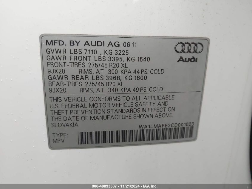 2012 Audi Q7 3.0 Tdi Premium VIN: WA1LMAFE2CD001023 Lot: 40893587